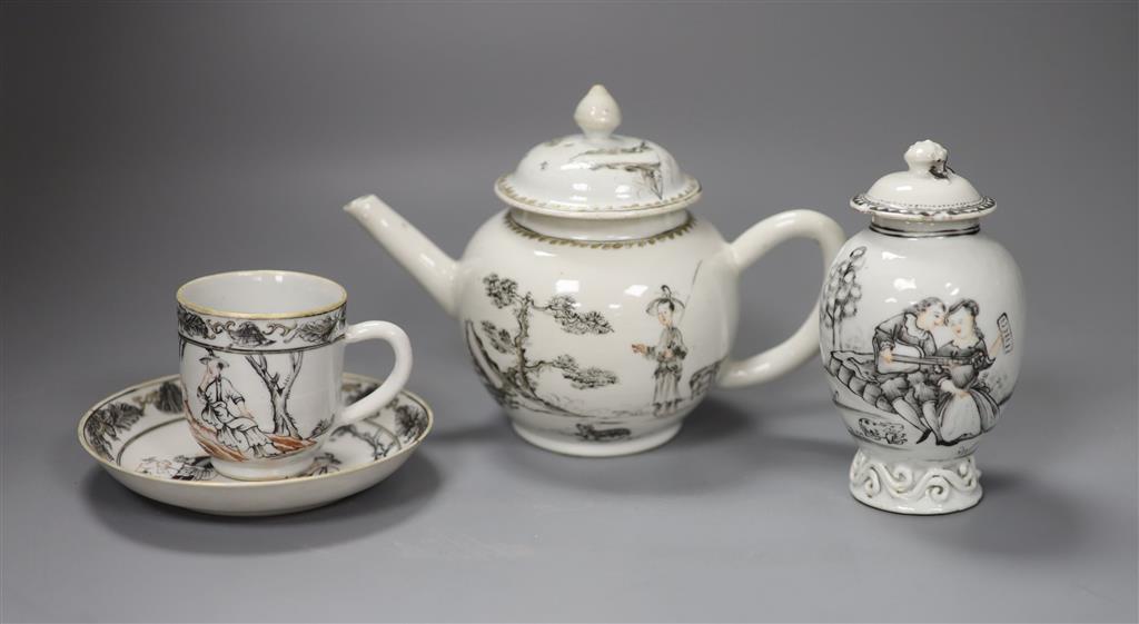A Chinese grisaille teapot, 14cm high tea caddy and cover and a coffee cup and saucer, Qianlong period